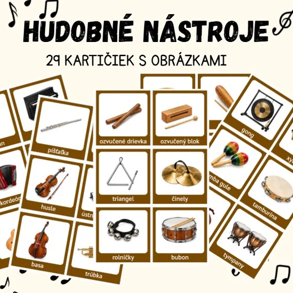 🎵 HUDOBNÉ NÁSTROJE – KARTIČKY S OBRÁZKAMI 🎵