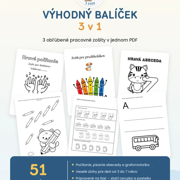 Výhodný balíček 3 v 1: Počítanie, Abeceda a Grafomotorika pre predškolákov a prvákov
