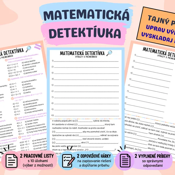 Matematická detektívka - výrazy s premennou - pracovné listy