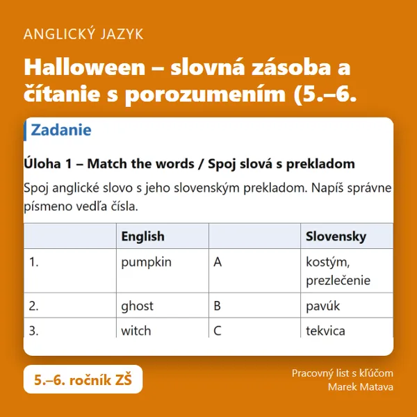 🎃 Halloween – slovná zásoba a čítanie s porozumením (AJ 5.–6. ročník)