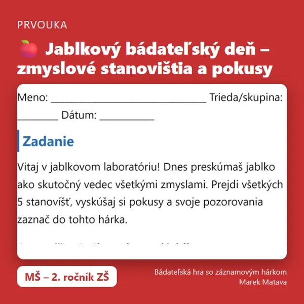 🍎 Jablkový bádateľský deň – zmyslové stanovištia a pokusy