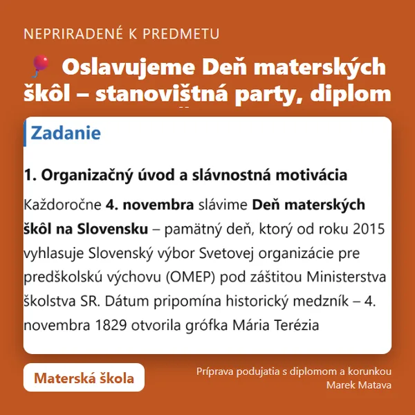 🎈 Oslavujeme Deň materských škôl – stanovištná party, diplom a korunka (MŠ)