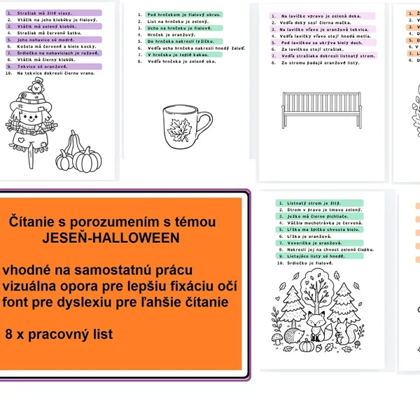 🍁 JESEŇ a Halloween 🎃 📖 Čítanie s porozumením - Kreslíme podľa zadania /samostatná práca, +Vizuálna opora ´+ dyslexic font