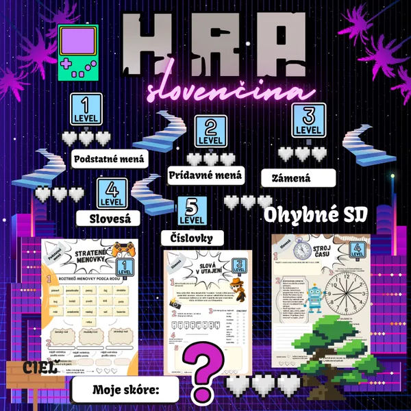 Hra slovenčina/ level, stanovištia, ohybné slovné druhy, diferencované úlohy, hra, behacie cvičenia a pracovné listy