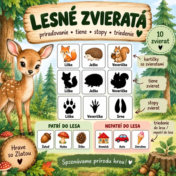 Lesné zvieratá – kartičky, tiene, stopy a triedenie