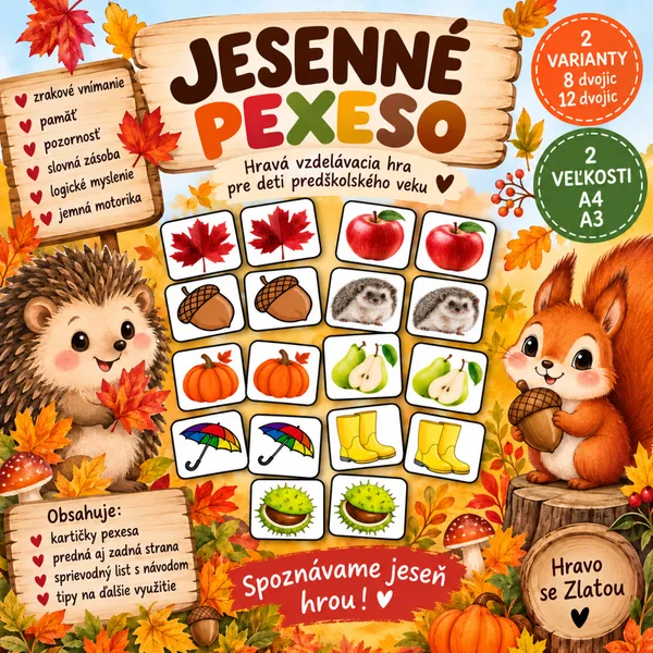 Jesenné pexeso – 2 varianty | 8 a 12 dvojíc | A4 + A3