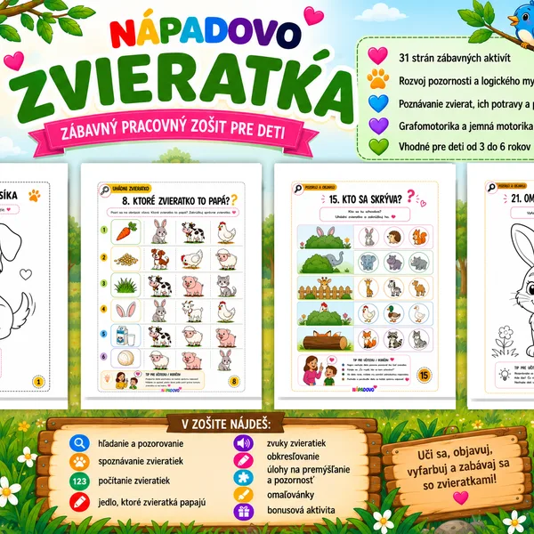Nápadovo – Zvieratká 🐾 | Pracovný zošit pre deti 3–6 rokov