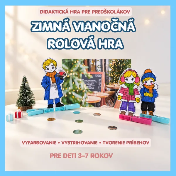 Zimná vianočná rolová hra s papierovými bábikami a hernými pozadiami | Vyfarbovanie, vystrihovanie a rozvoj reči | 3 – 7 rokov