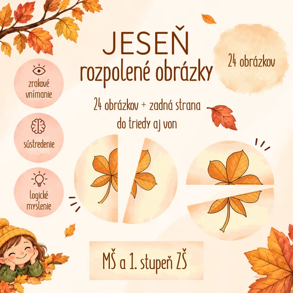 Jeseň – 24 rozpolených obrázkov (MŠ a 1. stupeň ZŠ)