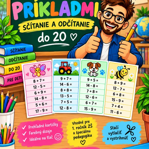 Kartičky s príkladmi – sčítanie a odčítanie do 20