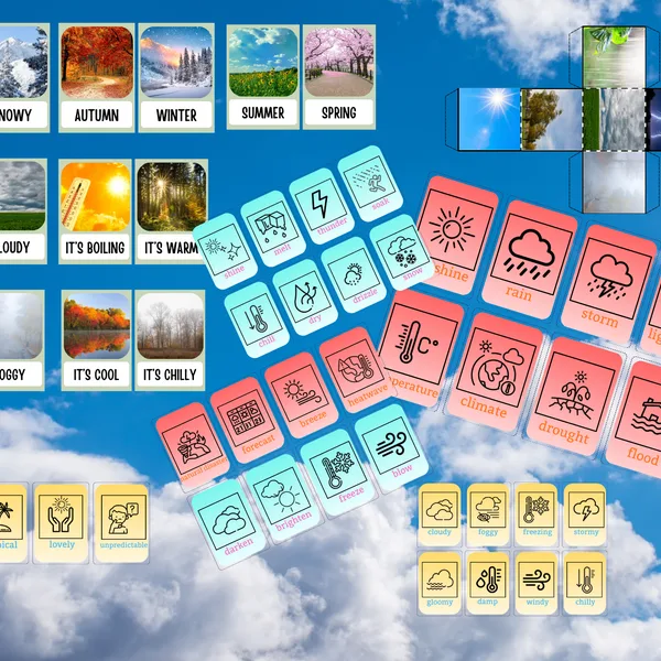 WEATHER flashcards - nouns, verbs, adjectives (18+36)