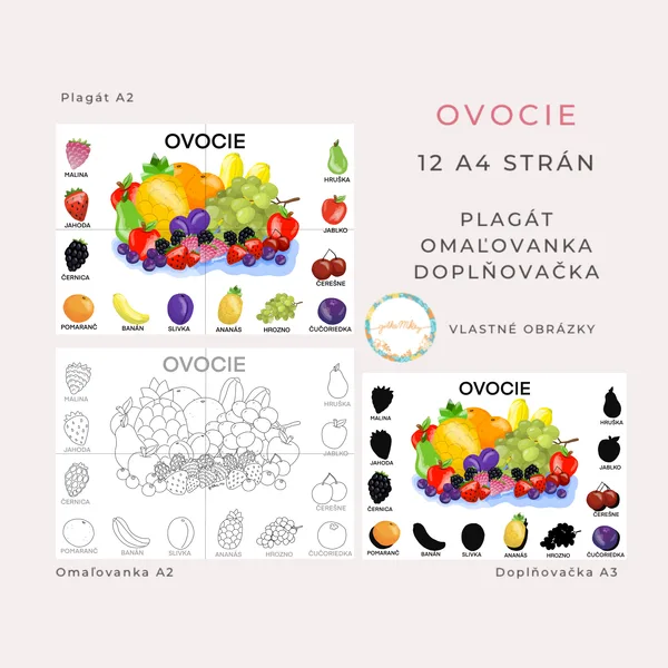 OVOCIE - plagát, omaľovanka, doplňovačka