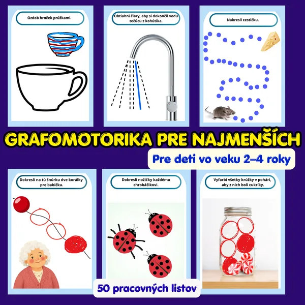 Hravá grafomotorika pre najmenších-50 pracovných listov pre deti od 2 do 4 rokov.