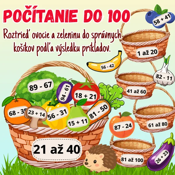 Sčítanie a odčítanie do 100 bez prechodu do 10 / Počítanie do 100 / Čísla do 100 / Ovocie a zelenina