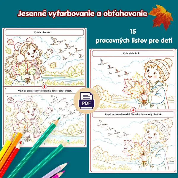 Jesenné vyfarľovanky a obrázky na obťahovanie – grafomotorické pracovné listy pre predškolákov | 15 pracovných listov