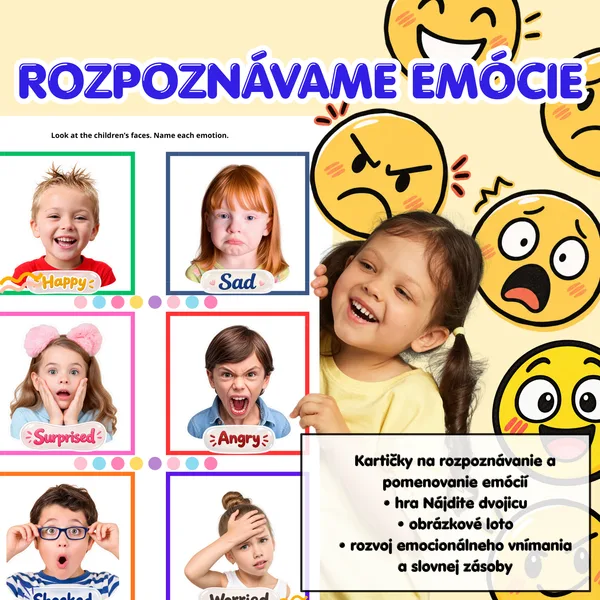 Emócie pre deti – 12 párov kartičiek + 12 smajlíkov | Hra na rozpoznávanie emócií