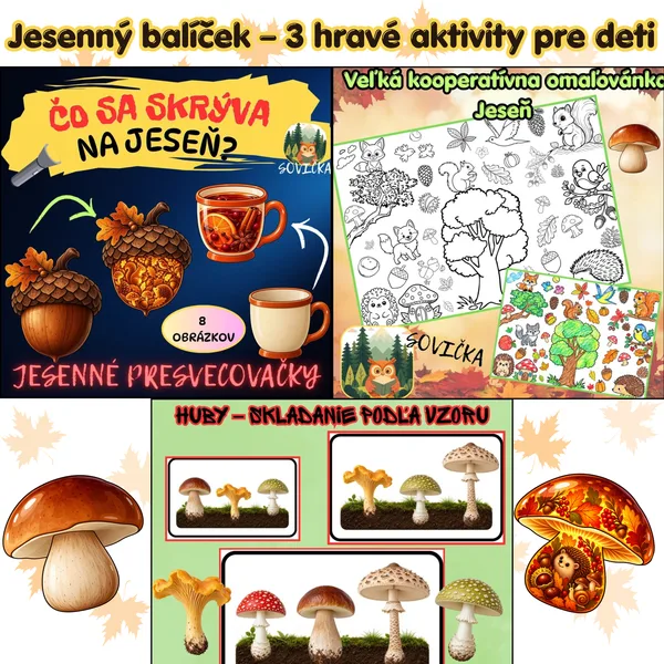 Jesenný balíček – 3 hravé aktivity pre deti | presvetľovačky, kooperatívna omaľovánka a huby