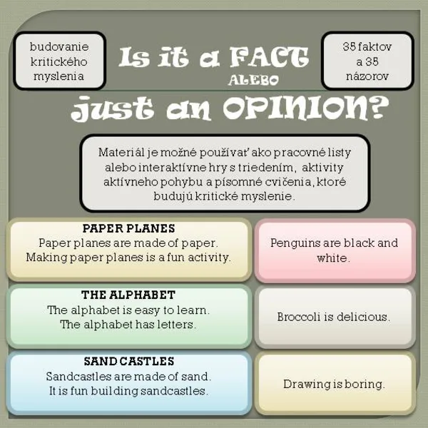Is it a FACT OR just an OPINION? / Kartičky na budovanie kritického myslenia