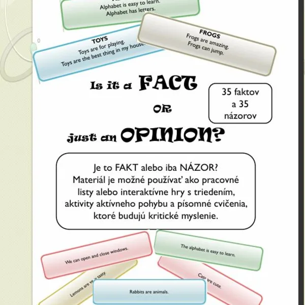 Is it a FACT OR just an OPINION? / Kartičky na budovanie kritického myslenia