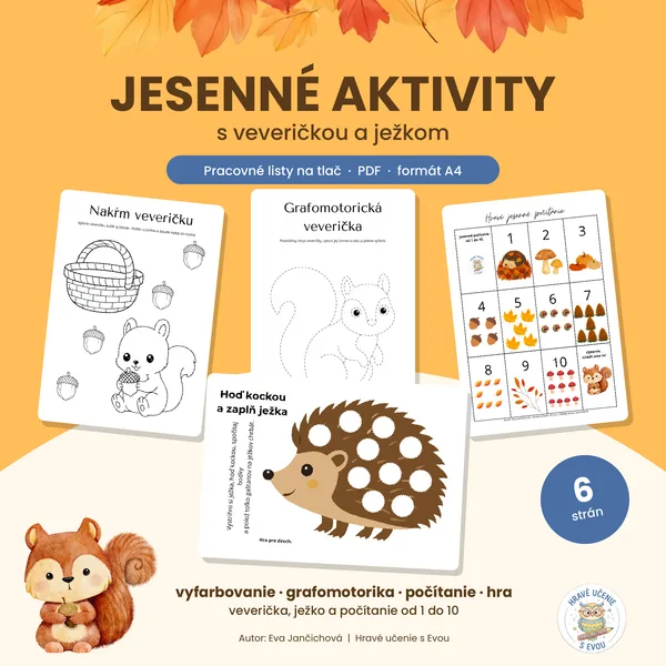 Jesenné aktivity s veveričkou a ježkom – tvorivý balík (strihanie, počítanie, grafomotorika a hra)