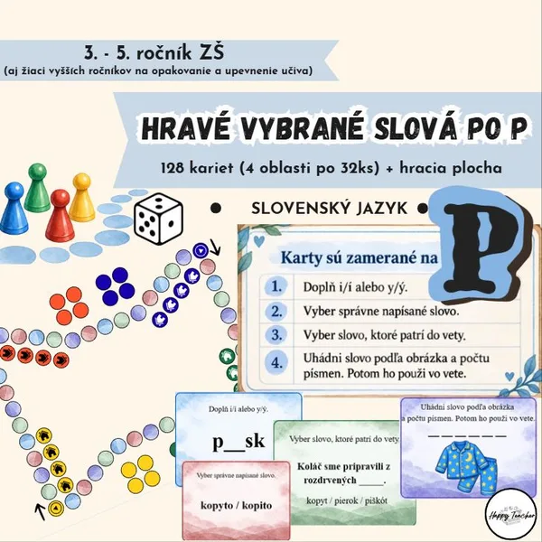 Hravé vybrané slová po P | Hracia plocha + 128 kariet