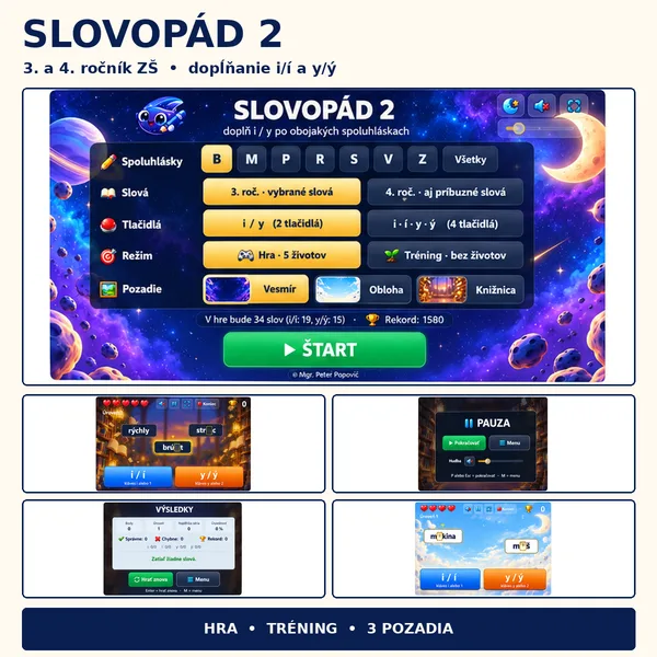Slovopád 2: i/y/í/ý – interaktívna hra na vybrané slová (3. a 4. ročník ZŠ)