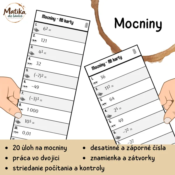 Mocniny – AB karty | 20 úloh na prácu vo dvojici