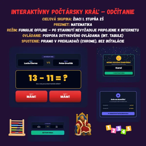 Interaktívny počtársky kráľ - Odčítanie
