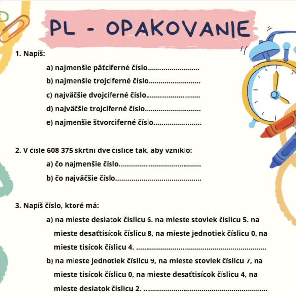 Pracovný list prirodzené čísla - Opakovanie 5. ročník