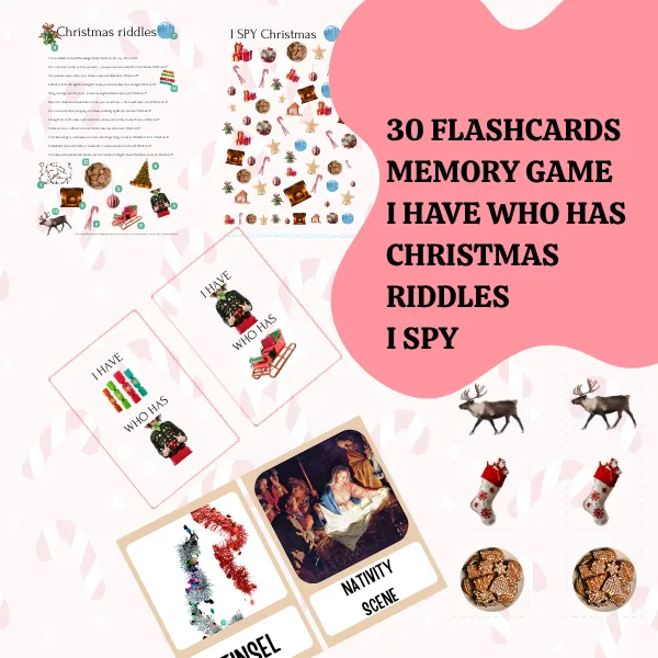 Christmas flashcards,memory game, I have who has, riddles, I spy