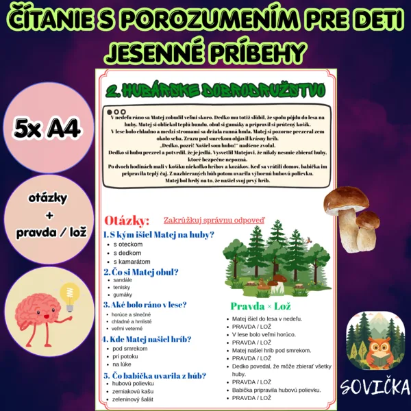 🍁 ČÍTANIE S POROZUMENÍM – JESENNÉ PRÍBEHY | 5× A4 🍂
