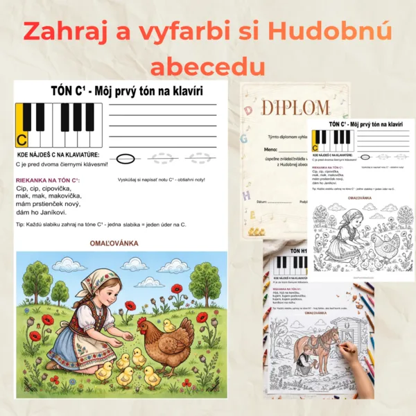 Hudobná abeceda C-H s riekankami a omaľovánkami. Primárne pre ZUŠ - klavír, vhodné aj pre MŠ a ZŠ - hudobná výchova. 19 PDF na tlač.
