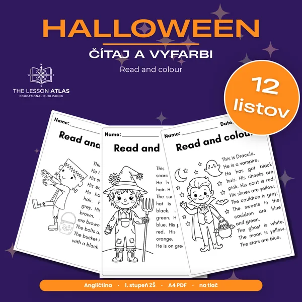 Halloween: Čítaj a vyfarbi (Read and colour) | 12 pracovných listov z angličtiny