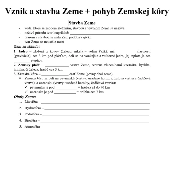Vznik a stavba Zeme, pohyby Zemskej kôry