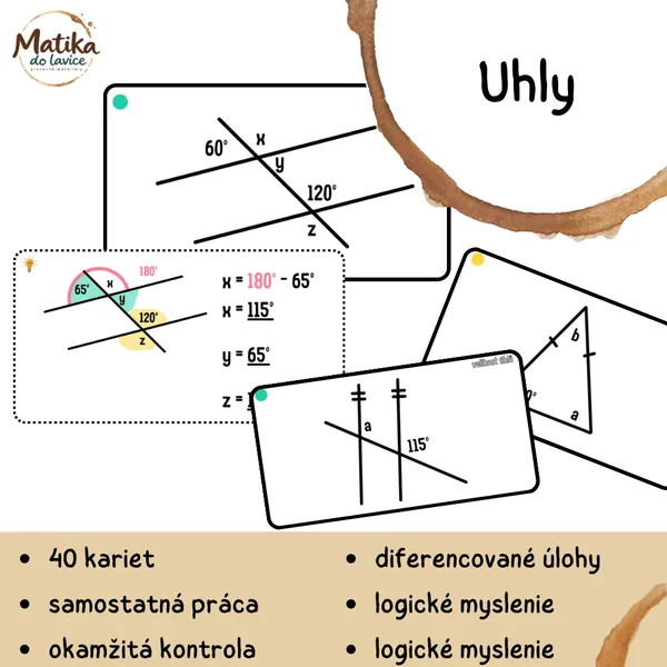 Uhly – veľkosť uhlov | 40 kariet s riešením