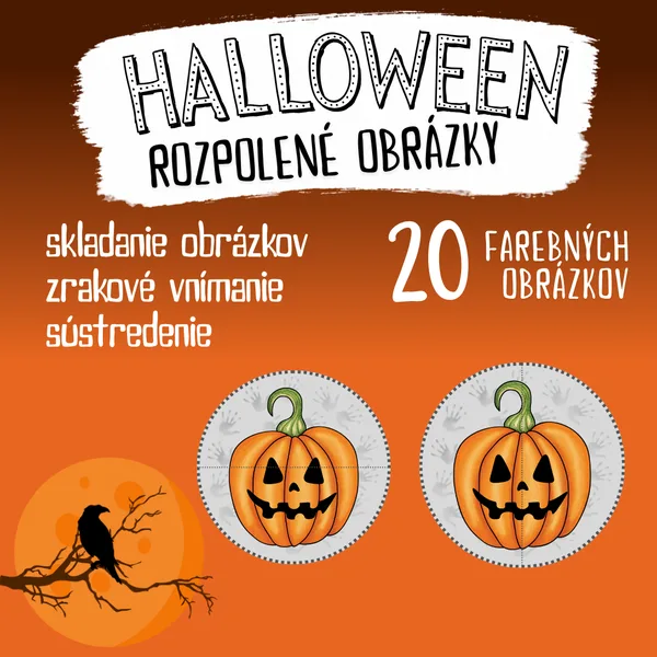 Halloween – 20 obrázkov rozdelených na polovice (skladanie, pre MŠ a 1. stupeň ZŠ)