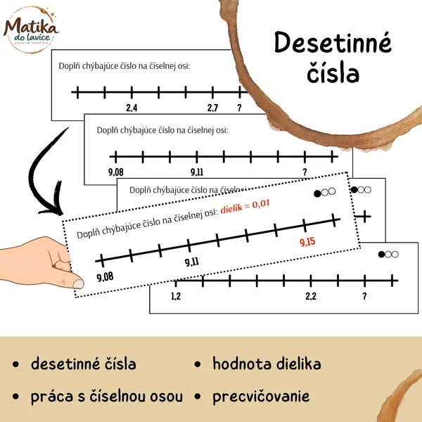 Desatinné čísla – číselná os | 30 kartičiek s riešením