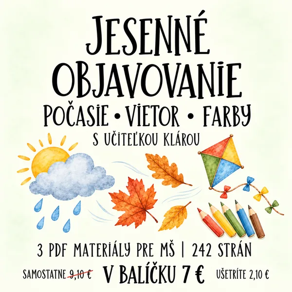 🍂Jesenné objavovanie – 🌦️počasie, 🪁vietor a 🌈farby | zvýhodnený balíček 3 materiálov pre MŠ